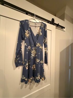 SO Blue Floral Long-Sleeve Wrap-Style Dress